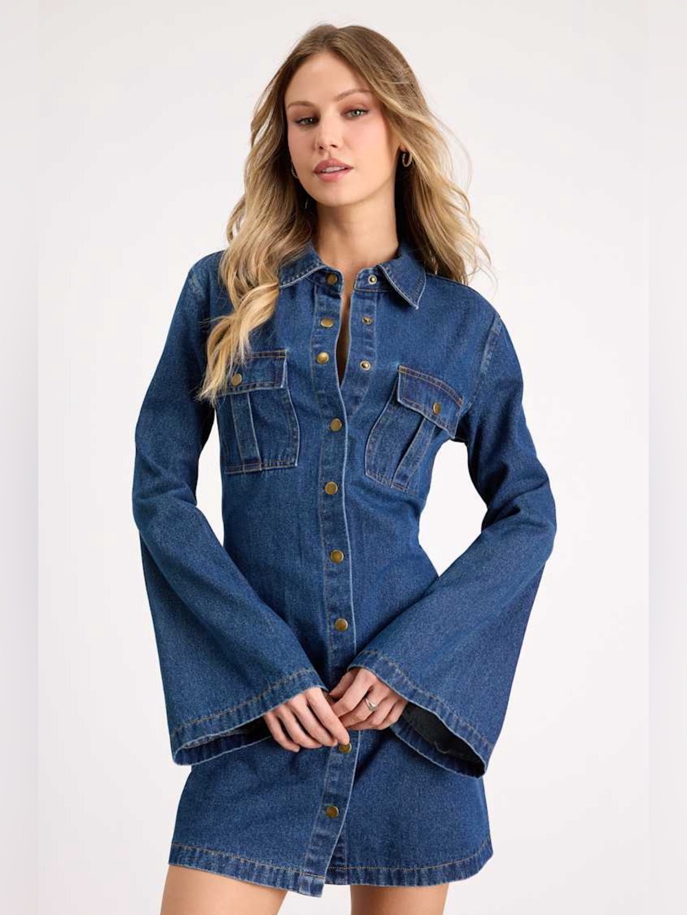 Nwt Lulus Amita Medium Wash Button-Front Bell Sleeve Mini Dress